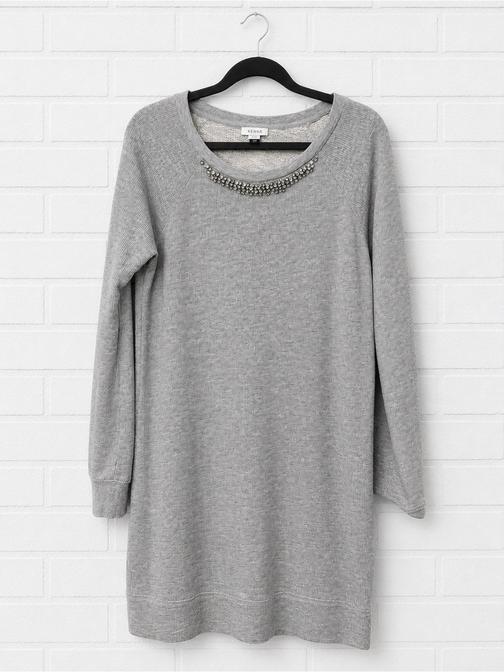 Kenar Gray Long Sleeve Knit Dress with Beaded Neckline
